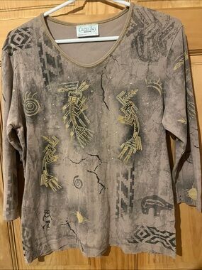 Cactus Bay Taupe Tribal Print Long Sleeve Top with Gold Accents and Rhinestones